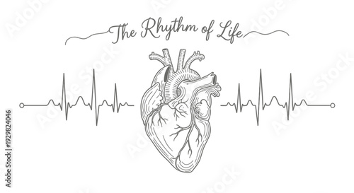 Vector illustration of heart with ECG line and 'The Rhythm of Life' text