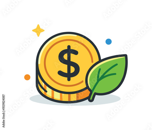 Green finance and sustainable investment strategy promoting environmentally responsible economic growth, a simple coin icon paired with a small leaf