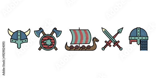 Viking culture and history represented through a minimalist icon set, concepts of war, myth, and Norse heritage