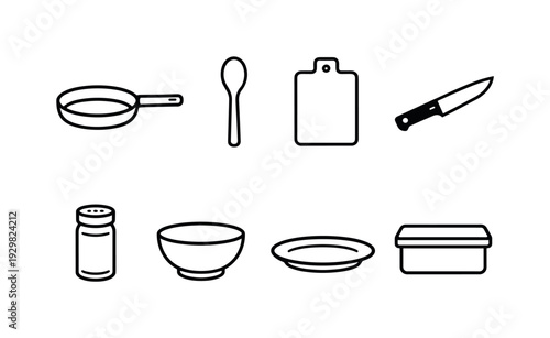 Home shakshuka cooking set: frying pan, wooden spoon, cutting board, kitchen knife, spice jar, mixing bowl, serving plate, storage container