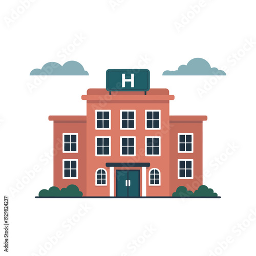 A cartoon illustration of a hospital building with a green sign and white clouds