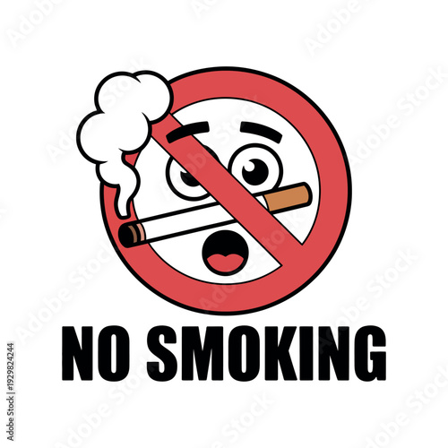 A cartoon no smoking sign with a shocked face and a cigarette crossed out