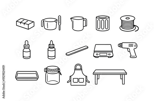 Home candle making supplies: wax block, melting pot, thermometer, pouring pitcher, candle mold, wick spool, fragrance bottle, dye bottle, stirring