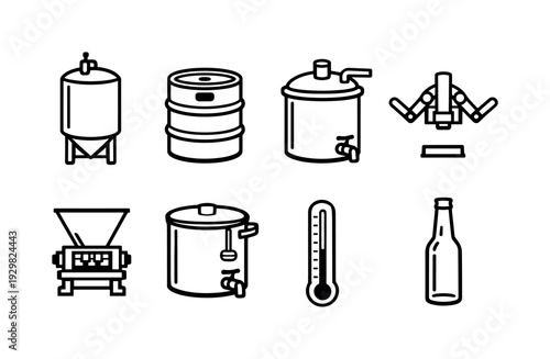 Brewery equipment: fermentation tank, beer keg, brew kettle, bottle capper, grain mill, mash tun, thermometer, glass bottle