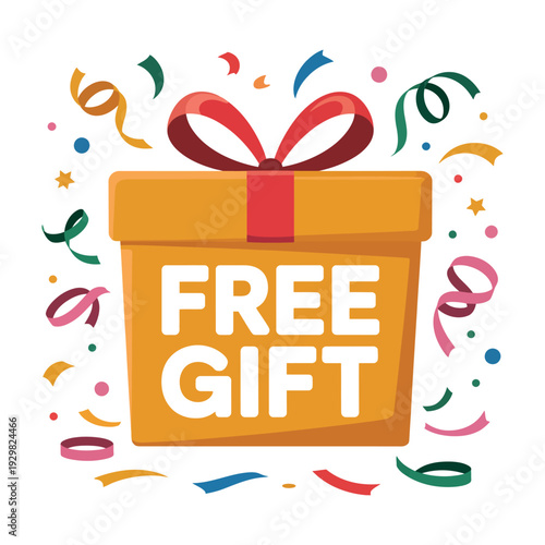 A colorful illustration of a free gift box with confetti and ribbons surrounding it