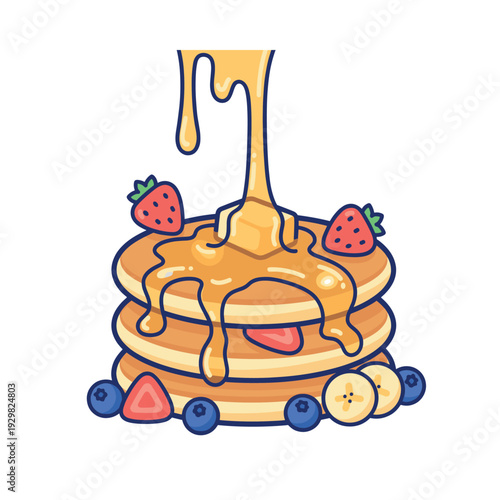 Stack of fluffy pancakes with syrup pouring over, garnished with fresh berries and banana for a sweet breakfast treat