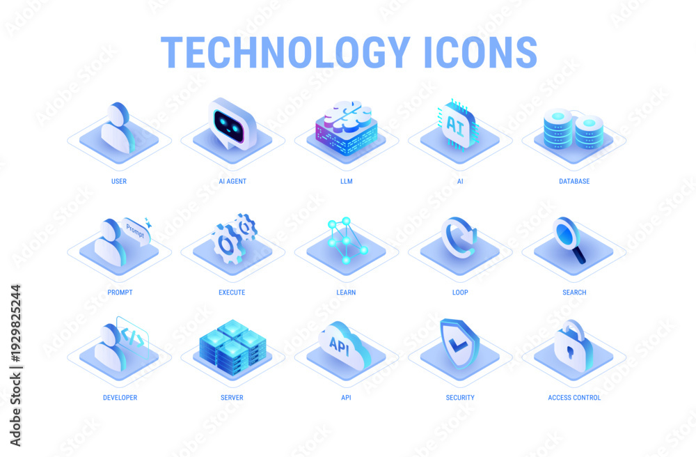 Obraz premium Technology icons set for workflow diagram light mode - AI and data, AI agent, machine learning, API cloud integration, server, database, security - high quality isometric vector on white background