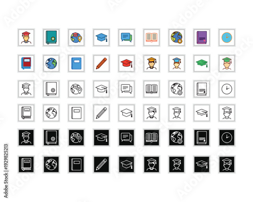 Educational Icons Array: A diverse collection of educational icons in various styles, showcasing the essence of learning, knowledge, and academic pursuits.