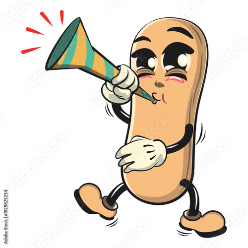 cute ladyfinger biscuit mascot character blow the party horn trumpet, isolated vector illustration, work of hand drawn