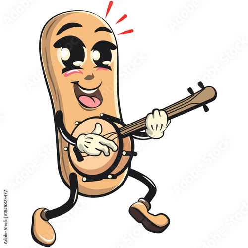 cute ladyfinger biscuit mascot character playing the banjo musical instrument with smiling, isolated vector illustration, work of hand drawn