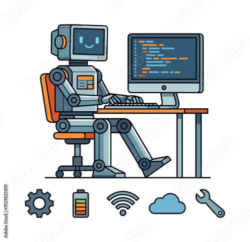 Robot developer writing code and optimizing programs on a desktop computer, representing AI, automation, digital solutions
