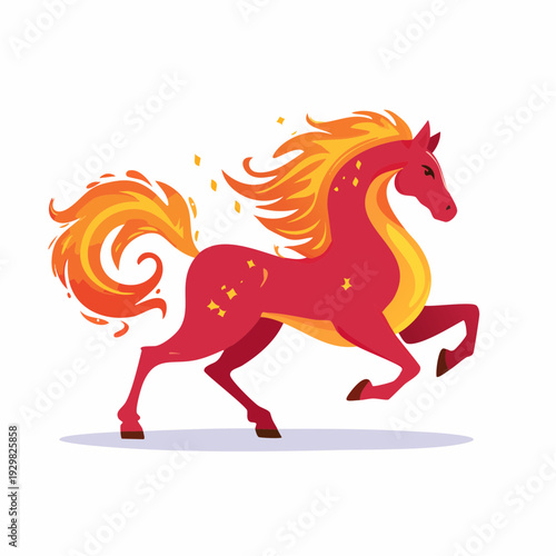 Fiery Horse Illustration: A spirited illustration showcasing a vibrant horse, its mane and tail ablaze with fiery hues, in full gallop. 