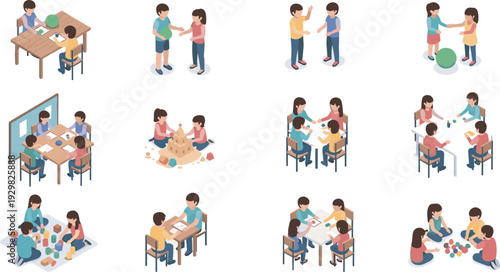 Children playing with toys and learning in classroom for early education, kindergarten nursery school activities, cad drawing flat vector illustration
