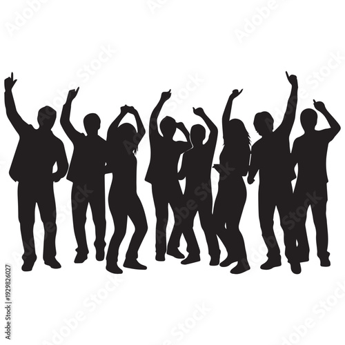 Diverse group of people celebrating with raised hands in unison