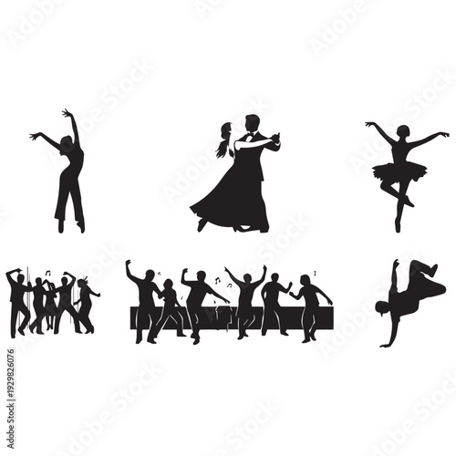 Silhouettes of people dancing in various styles and poses