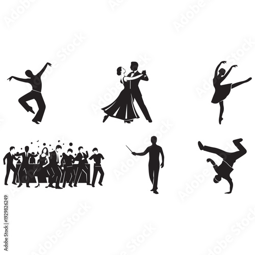 Diverse people dancing and enjoying nightlife in black silhouettes