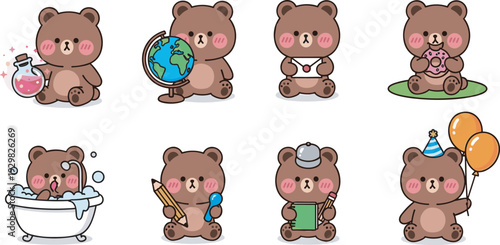 Cute brown bear character collection with globe, potion, letter, donut, bathtub, pencil, notebook, and birthday balloons, cad drawing flat vector illustration