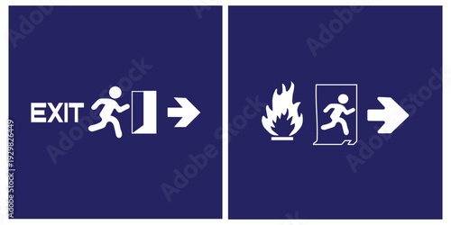 Fire exit on the right. Red sign. Evacuation exit. Designations of the location the emergency evacuation exit. Quick and safe exit from a building or object. Direction to a safe area in case of fire.