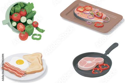 Healthy food and cooking ingredients set with fresh vegetables, salmon steak, breakfast bacon and eggs, cad drawing flat vector illustration