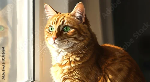 Fototapeta Beautiful orange cat with green eyes looking out the window  serene feline moment  curious pet in home environment