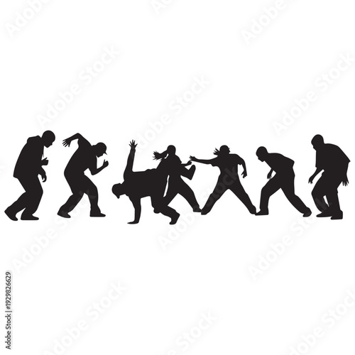 People in various dynamic movements in black silhouette on white background