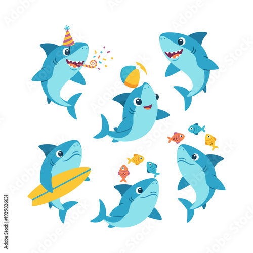 Cartoon baby sharks celebrating a birthday, playing with a beach ball, surfing, and swimming with small fish