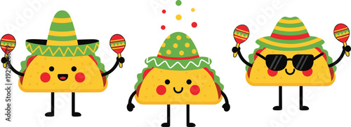 Cute Cartoon Taco Characters Wearing Sombreros And Shaking Maracas For Mexican Fiesta Party Celebrations