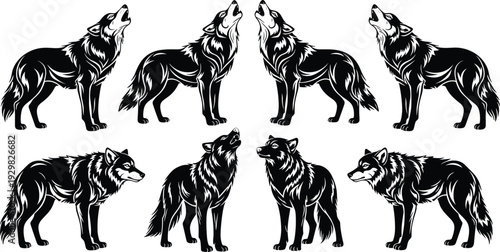 Collection of howling and standing wolf silhouettes in a detailed tribal style for wildlife logos, cad drawing flat vector illustration, isolated.