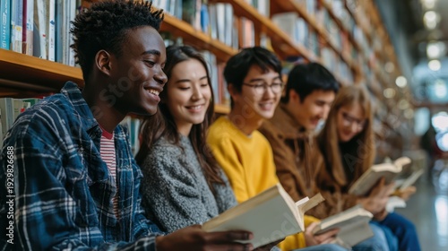 Diverse Students Reading Books Together in Library with Happy Expressions