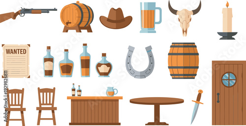 Wild West saloon elements with cowboy hat, whiskey bottles, barrels, horseshoe, cattle skull, wanted poster, furniture, and vintage rifle, cad drawing flat vector illustration