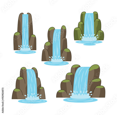 Cartoon waterfall game elements set for children's books or nature scenes. Falling water splashing over rocks, creating a dynamic effect