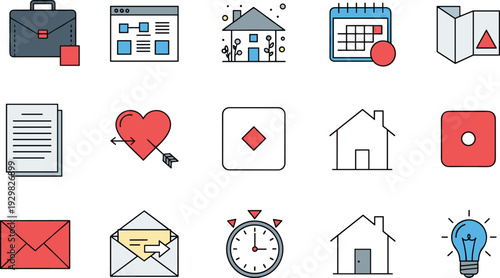 Mixed Business And Lifestyle Icon Set Featuring Briefcase Calendar Home Email Clock And Idea Bulb