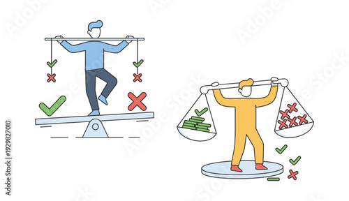 Characters illustrating the concept of choice, balancing options, and making decisions. One person is on a seesaw with checks and crosses