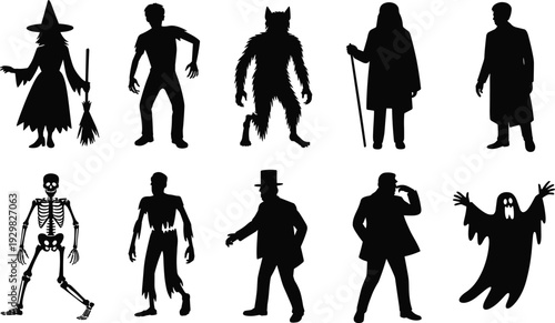 Halloween character silhouettes collection featuring witch, zombie, werewolf, skeleton, ghost, and spooky monsters, cad drawing flat vector illustration, isolated on white.