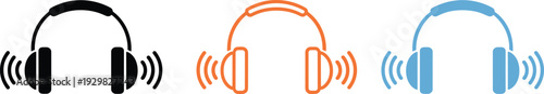 Professional Headphones Audio Icon Set Featuring Black Orange and Blue Music Sound Equipment Illustrations