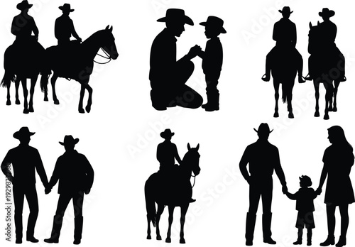 Black silhouettes of cowboys riding horses, rancher family with child, and western couples in hats, cad drawing flat vector illustration, isolated.