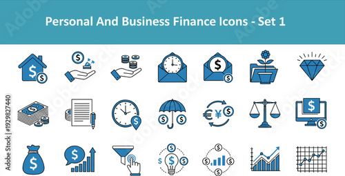 Personal and Business Finance Icon Set Featuring Blue Currency Symbols Banking Charts and Investment Illustrations