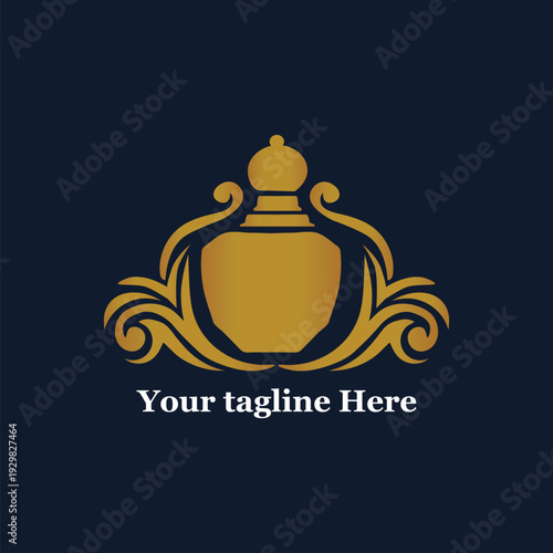 vintage perfume bottle logo in a circular botanical frame black and golden  vector illustration