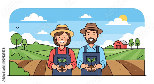 A smiling male and female farmer stand in a field holding small plants, with a barn and rolling hills in the background under a sunny sky.
