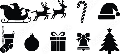 Christmas holiday icon set with Santa Claus on sleigh reindeer candy cane hat stocking ornament gift bell and tree, cad drawing flat vector illustration.