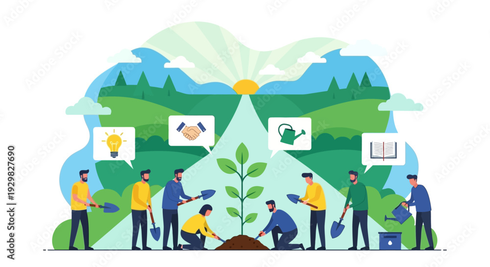 Fototapeta premium A diverse group of people working together to plant a tree, symbolizing teamwork, growth, and environmental sustainability.