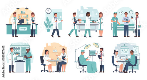 A collection of diverse medical scenes depicting healthcare professionals in various hospital settings, including reception, patient care, surgery, and consultations.