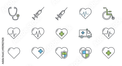 A collection of medical and healthcare line icons including stethoscope, syringes, hearts, wheelchair, and ambulance for health services.