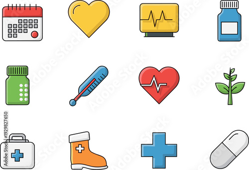 Set of Medical Healthcare and Wellness Icons Including First Aid Kit Pills Heart and Thermometer