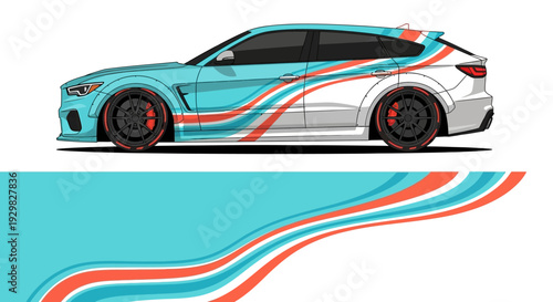 Vibrant stylized racing car with flowing stripes and bold color palette in motion.