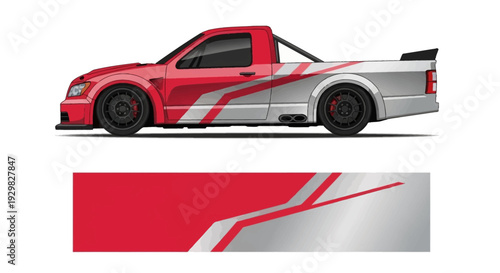 Red race truck with bold decals and sleek graphic stripes for high speed branding and customization.