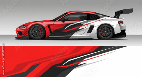 Sleek red and white race car with bold graphic accents on a studio background.