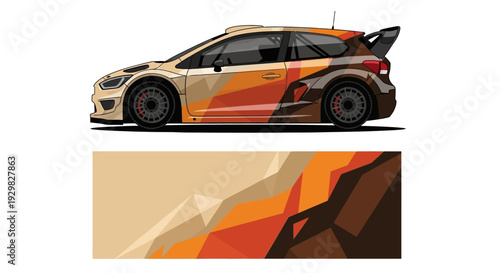 Sleek orange racecar sideview with bold graphics and aerodynamic design.