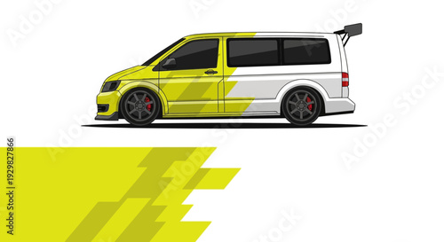 Sleek yellow and white customized van with bold diagonal graphic elements and urban street appeal.