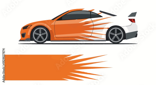 Dynamic orange sports car in motion with white rear spoiler and speed streaks.